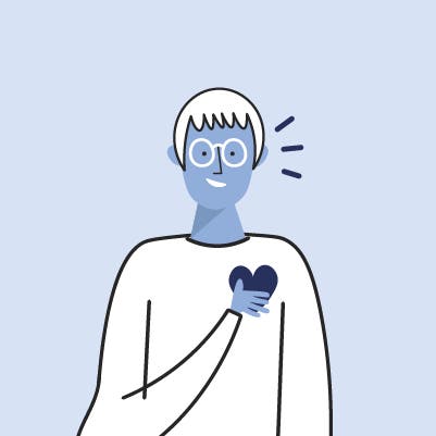 Ilustración monocromática en azul grisáceo de una persona tocando su pecho del lado del corazón.