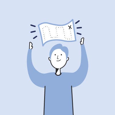 Ilustración monocromática en azul grisáceo de un joven sosteniendo un mapa por encima de su cabeza.
