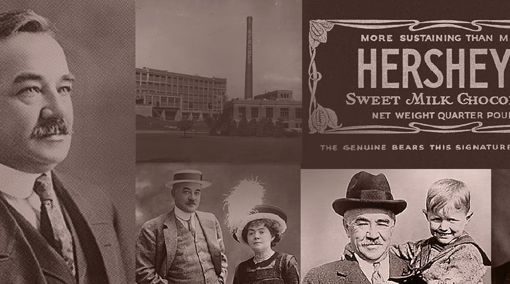 Collage con fotografías de Milton Hershey y la compañía Hershey's.