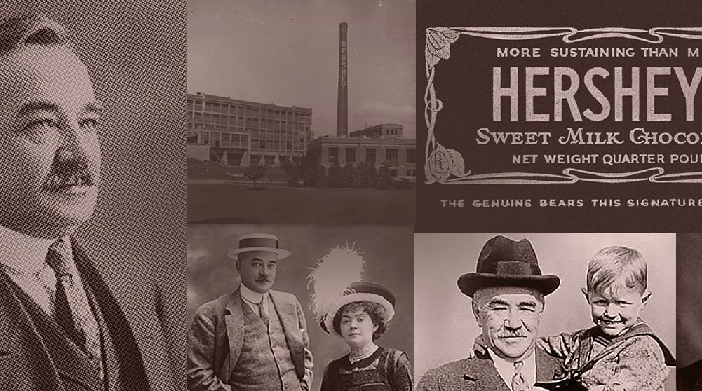 Collage con fotografías de Milton Hershey y la compañía Hershey's.