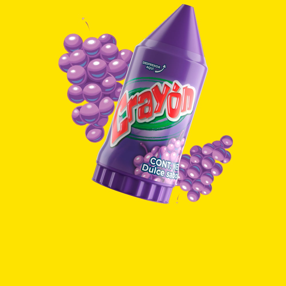 Se ve un CRAYÓN sabor a Uva de 28 gramos con un par de ilustraciones de unas uvas en el fondo.