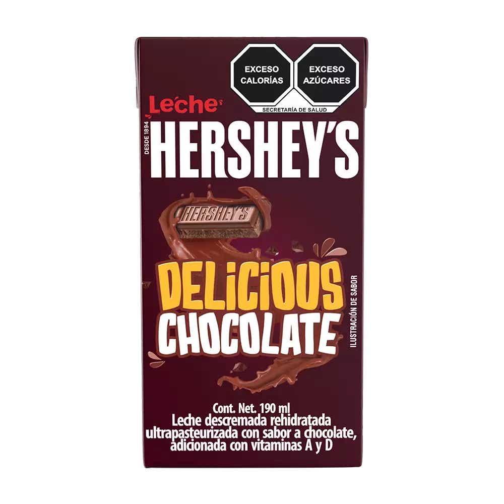 Brik de Leche HERSHEY'S sabor Chocolate de 190 ml sobre fondo blanco