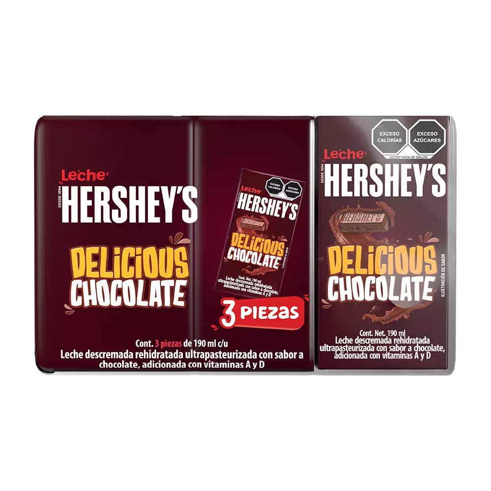 3 Pack de Leche HERSHEY'S sabor Chocolate de 190 ml sobre fondo blanco