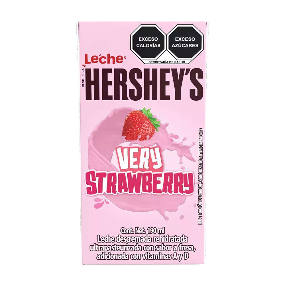 Brik de Leche HERSHEY'S sabor Fresa de 190 ml sobre fondo blanco