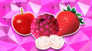 Fondo de prisma triangular con diferentes tonalidades de rosa y se muestra la imagen de una cereza, una mora roja y una fresa, con un par de pastillas ICE BREAKERSal frente.