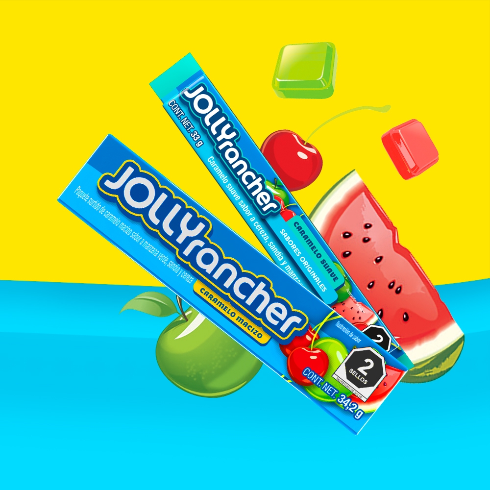 Fondo bicolor con la mitad superior en amarillo y la parte inferior de un azul cian. Del lado izquierdo de la imagen se encuentran un paquete de Jolly Rancher de caramelo suave y al frente, un paquete de Jolly Rancher de caramelo macizo y alrededor de ambos paquetes sale la ilustración de una sandía, de una manzana verde y de una cereza, así como 2 dulces Jolly Rancher.