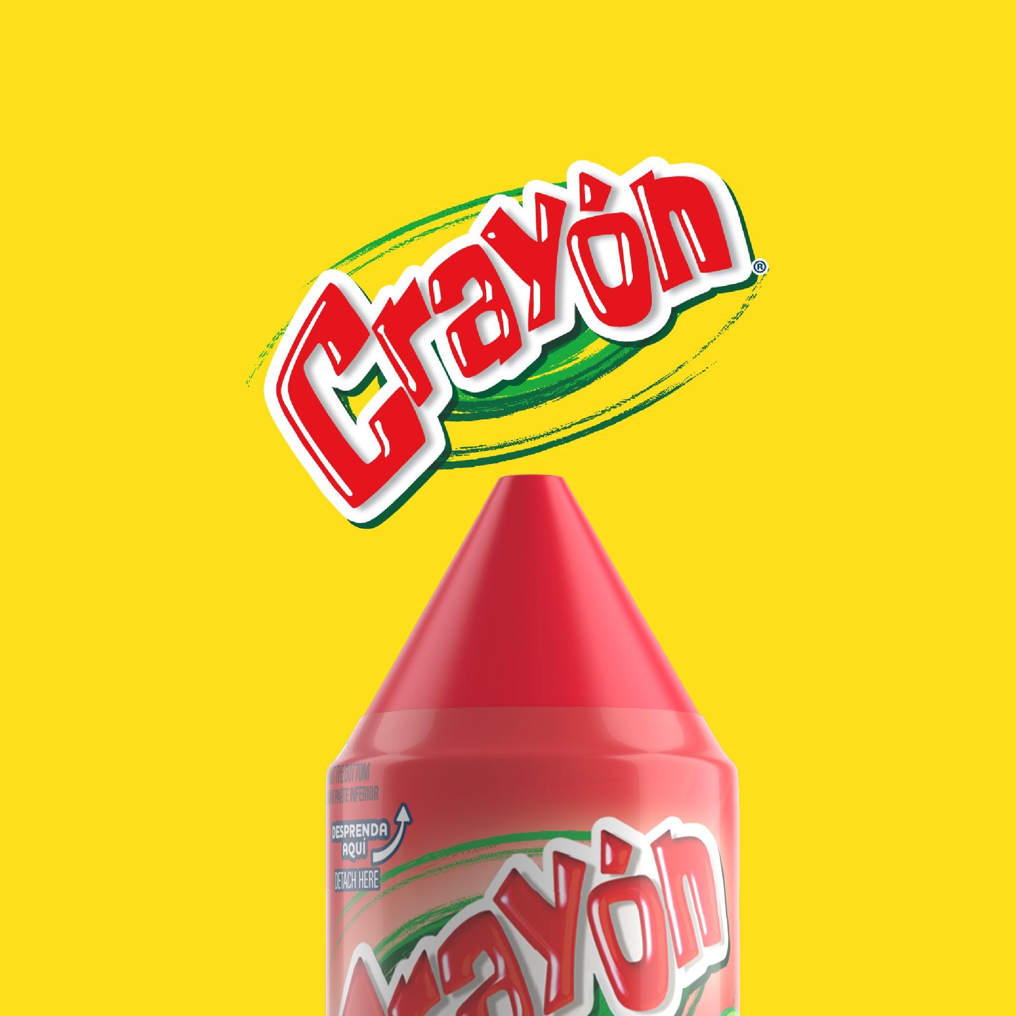 Se ve el logo de CRAYÓN y en la esquina inferior derecha de la imagen, se asoma un dulce CRAYÓN sabor a Fresa.