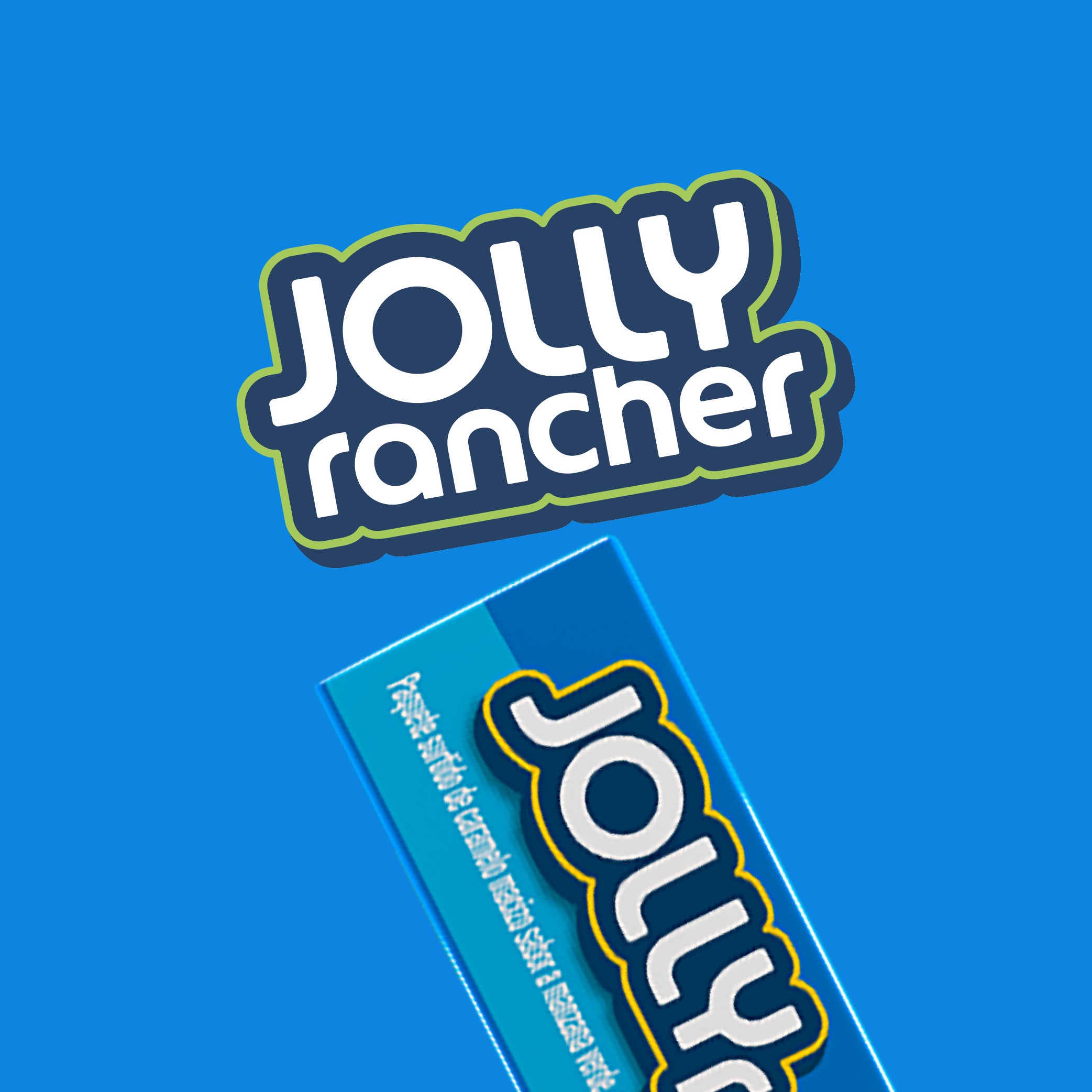 Se ve el logo de JOLLY RANCHER en la parte superior de la imagen y debajo se encuentra un paquete JOLLY RANCHER de 34,2 gramos. En la esquina superior izquierda del producto, en la parte posterior, se encuentra la ilustración de una rebanada de sandía, en el otro extremo del producto, se encuentra en la parte superior la ilustración de una cereza y en la parte inferior la ilustración de una manzana verde.