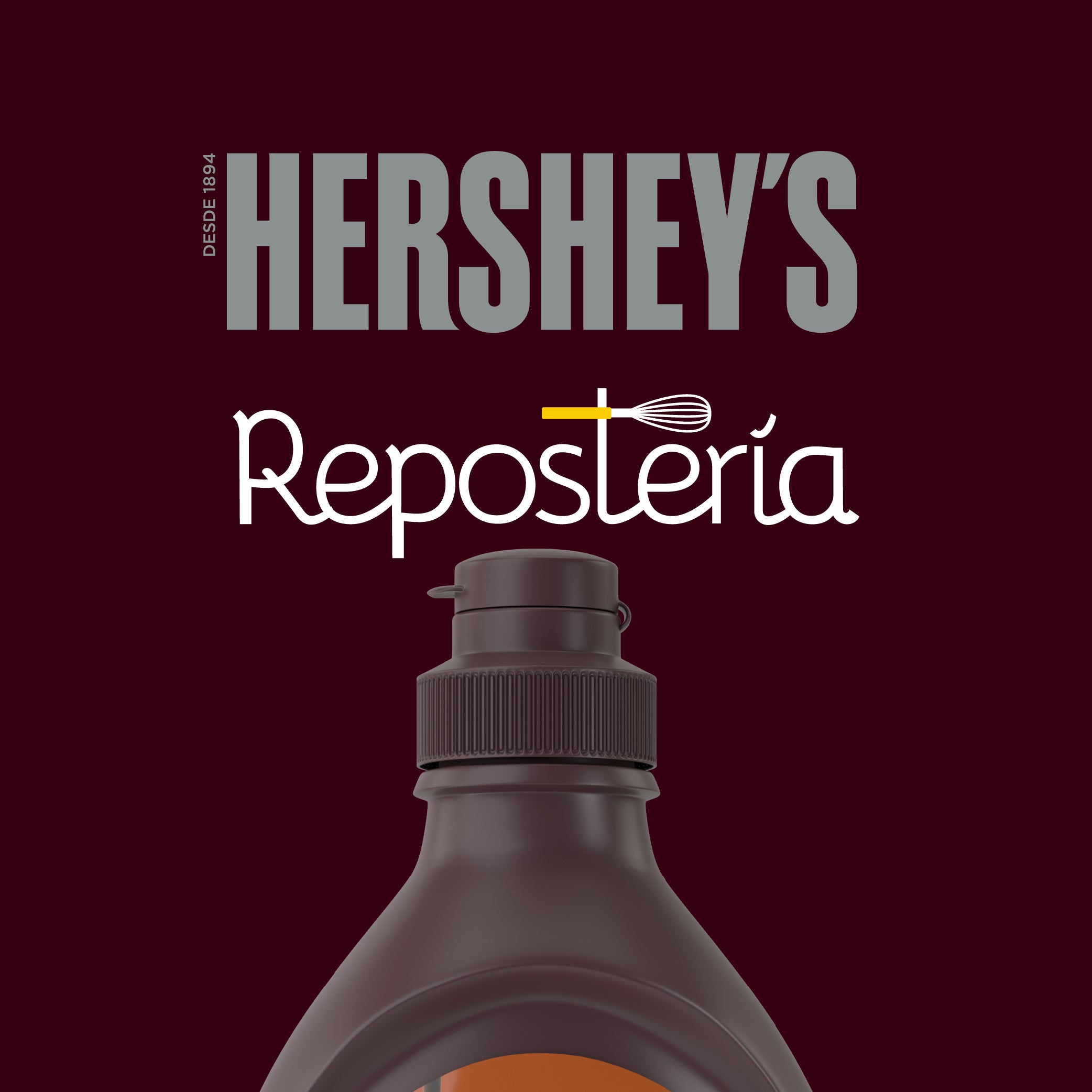 Se muestran los logotipos de HERSHEY'S y REPOSTERÍA junto con un par de KISSES Milk con la punta derretida.