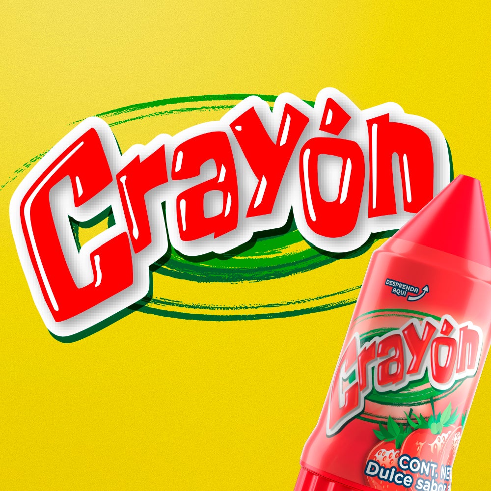 Se ve el logo de CRAYÓN y en la esquina inferior derecha de la imagen, se asoma un dulce CRAYÓN sabor a Fresa.