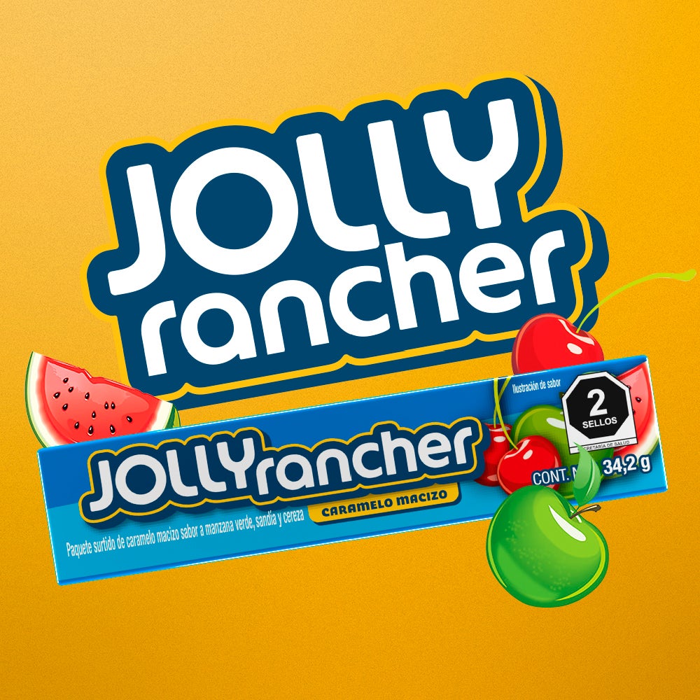 Se ve el logo de Jolly Rancher en la parte superior de la imagen y debajo se encuentra un paquete Jolly Rancher de 34,2 gramos. En la esquina superior izquierda del producto, en la parte posterior, se encuentra la ilustración de una rebanada de sandía, en el otro extremo del producto, se encuentra en la parte superior la ilustración de una cereza y en la parte inferior la ilustración de una manzana verde.