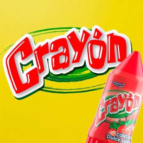 Se ve el logo de CRAYÓN y en la esquina inferior derecha de la imagen, se asoma un dulce CRAYÓN sabor a Fresa.