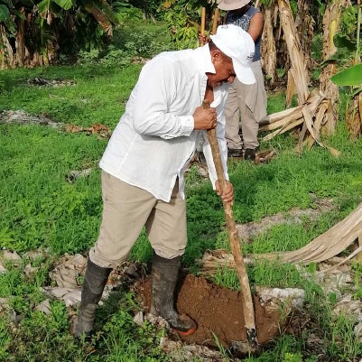 Señor trabajando en el campo en el proyecto Cacao, con una pala cavando en la tierra.