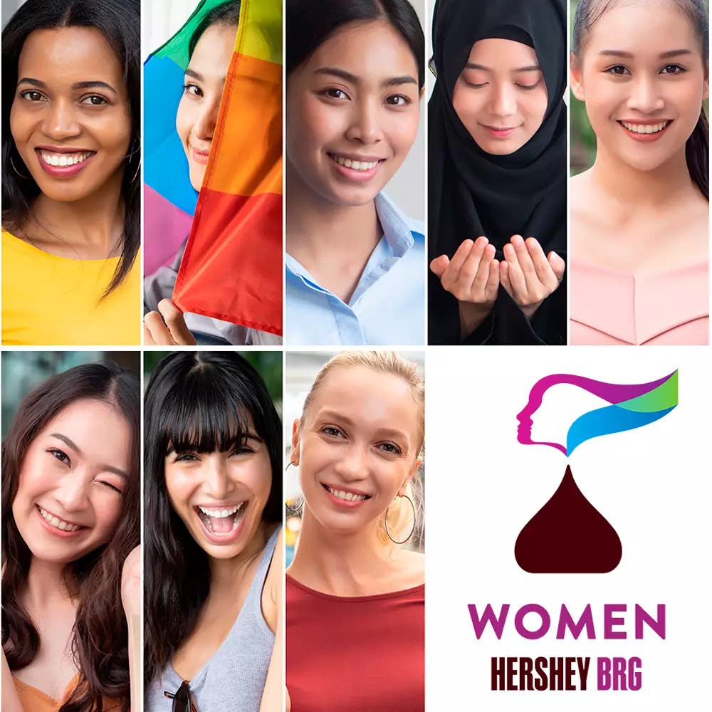 Se lee Women Hershey BRG y se ve a 8 mujeres de diferentes etnias, religión y pertenecientes a la comunidad lgbt+.