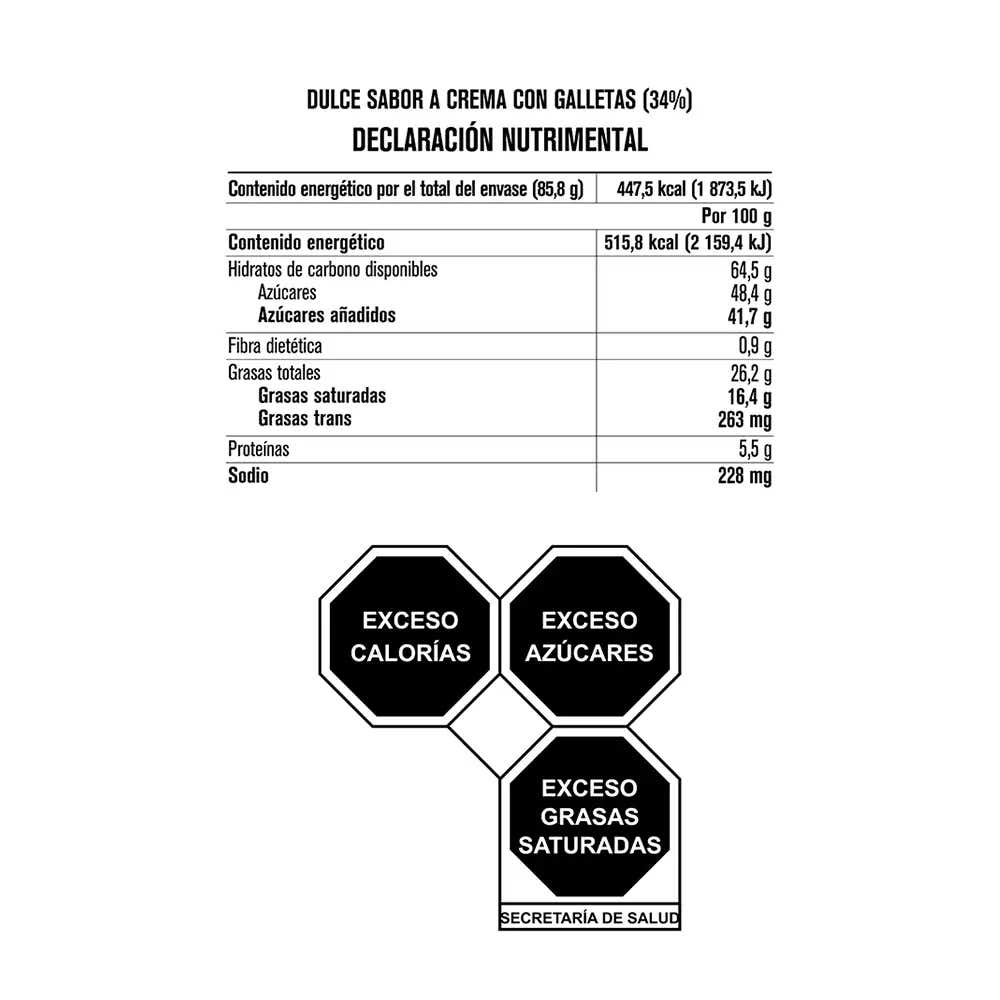 Tabla nutricional de muestra del producto