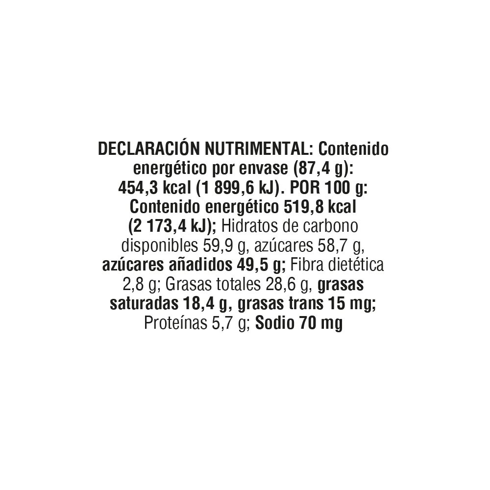 Tabla nutricional de muestra del producto