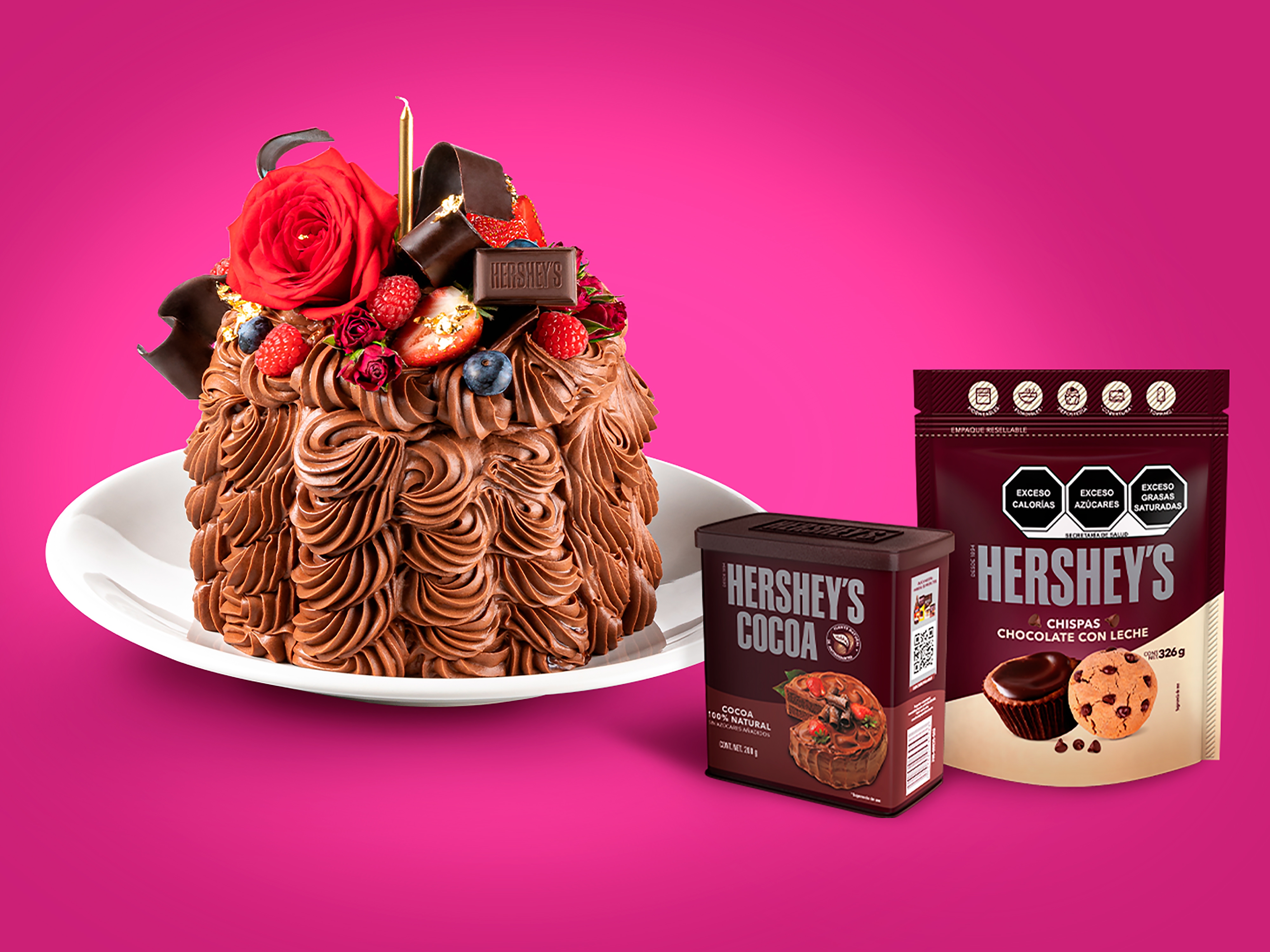 "Plato color blanco con un pastel de chocolate, cubierto completamente con figuras de betún y decorado con fresas, moras, frambuesa, rosas, láminas de chocolate y trozos de Hershey's Barras. Fondo color rosa, envase de Hershey's cocoa de 200 g y Hershey's chispas de chocolate 326 g"