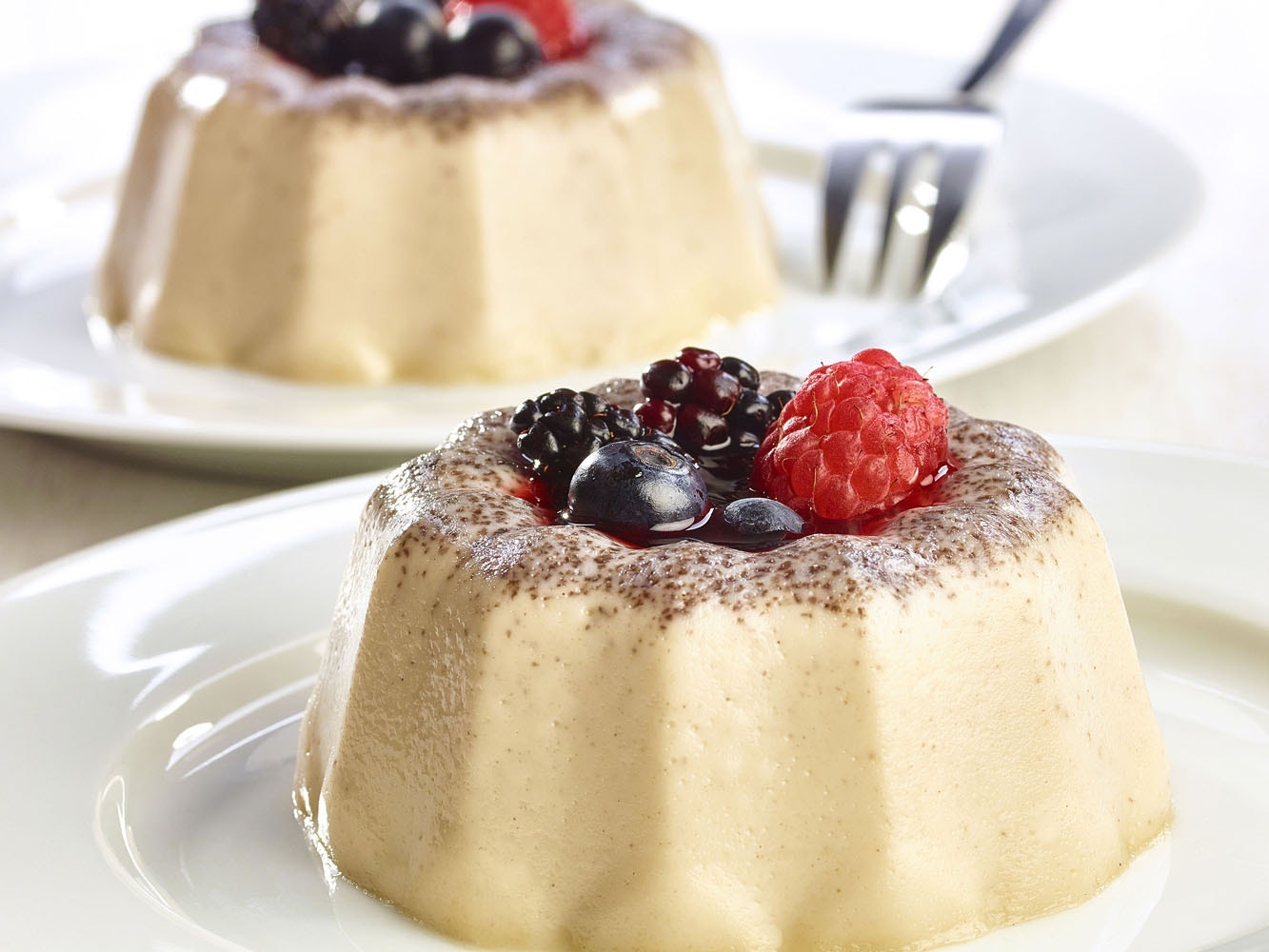 En un plato color blanco una gelatina de Cookies n' Creme decorada con trozos de chocolate en la parte superior y trozos de fruta, frambuesa, moras y zarzamora. 