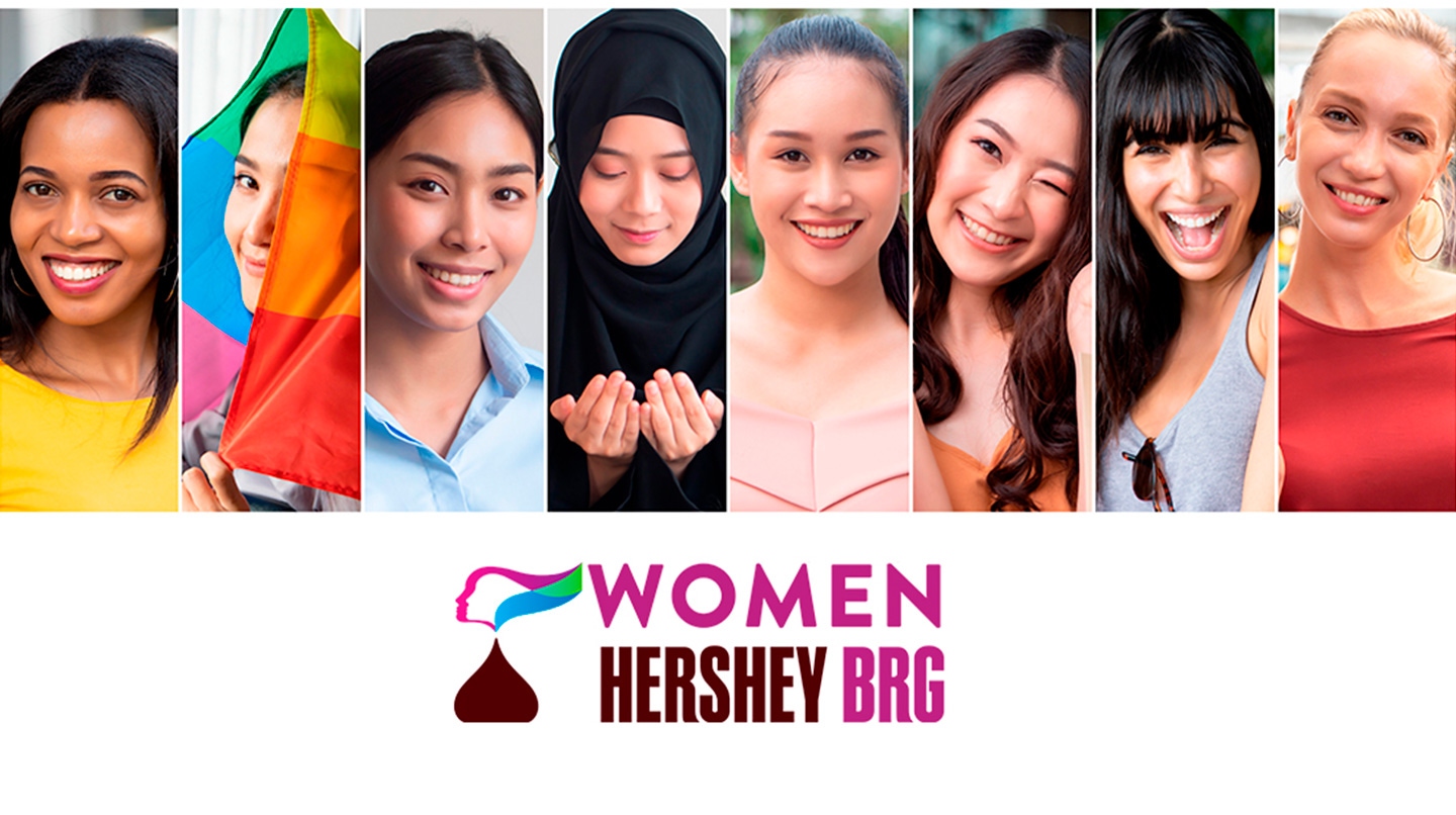 Del lado izquierdo se ve un rectángulo con 8 imágenes de mujeres de diferente etnia, religión y orientación sexual, con el logotipo de Women Hershey's BRG debajo de las imágenes. Del lado derecho se encuentra un rectángulo amarillo con el texto: Women BRG. Seguimos promoviendo el liderazgo, A través de nuestros grupos empresariales BRG