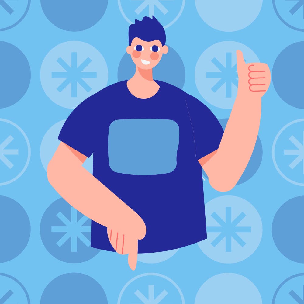 Cuadrado azul con la ilustración de un hombre joven levantando el pulgar.