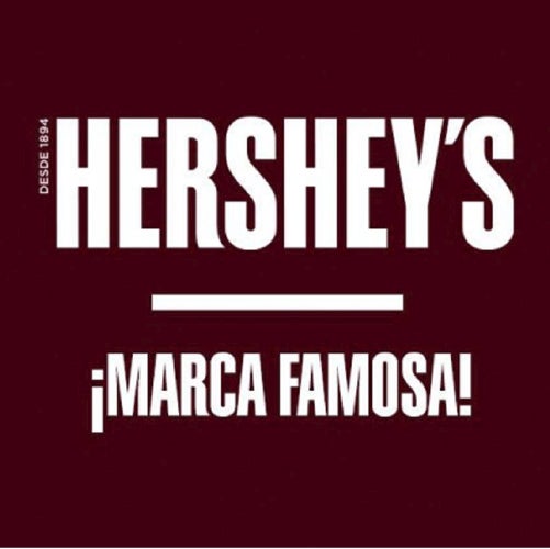 Un cuadrado café con el logotipo de Hershey's y por debajo se lee: ¡Marca famosa!