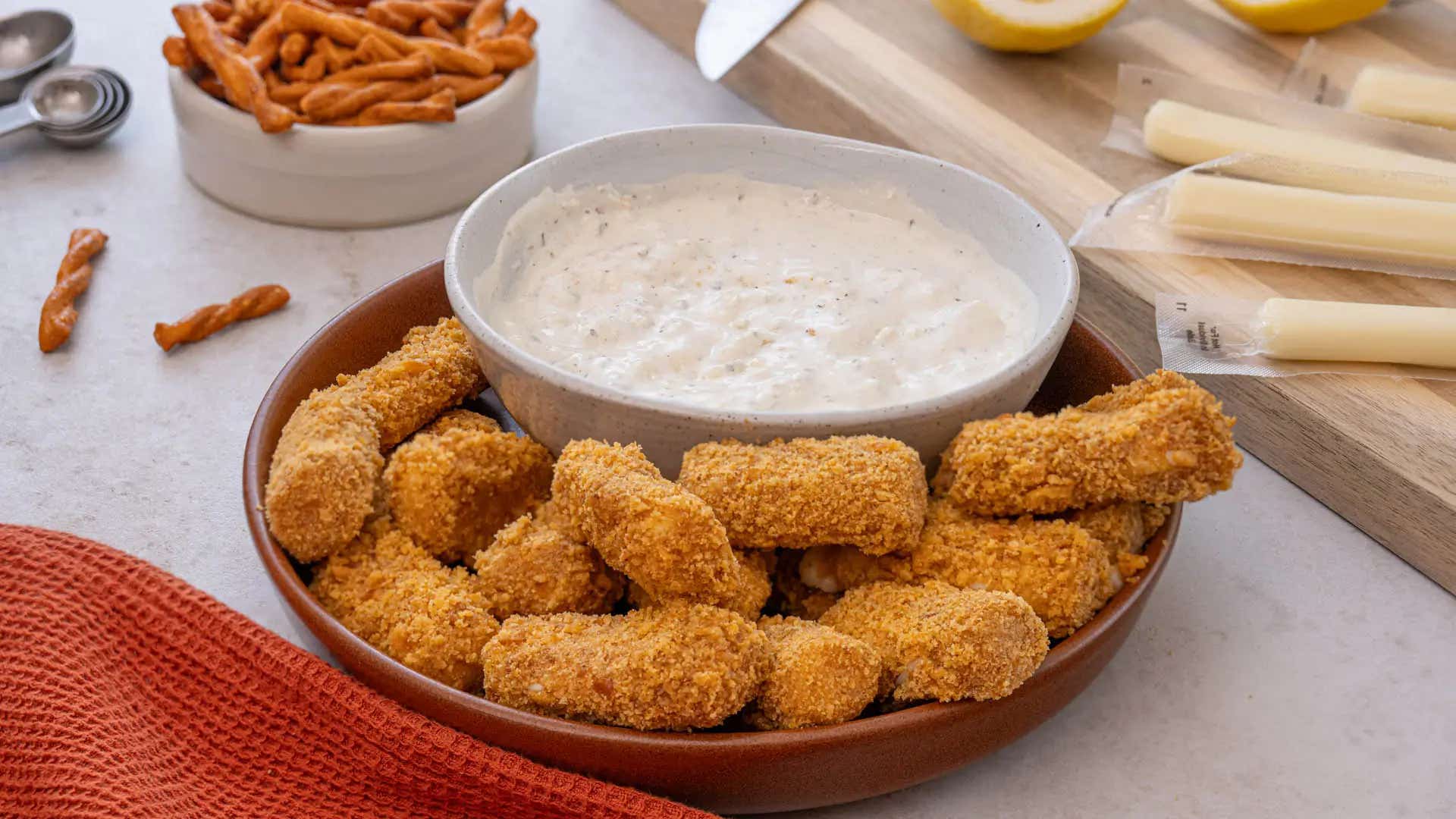dots buffalo mozzarella sticks and bowl of blue cheese dip